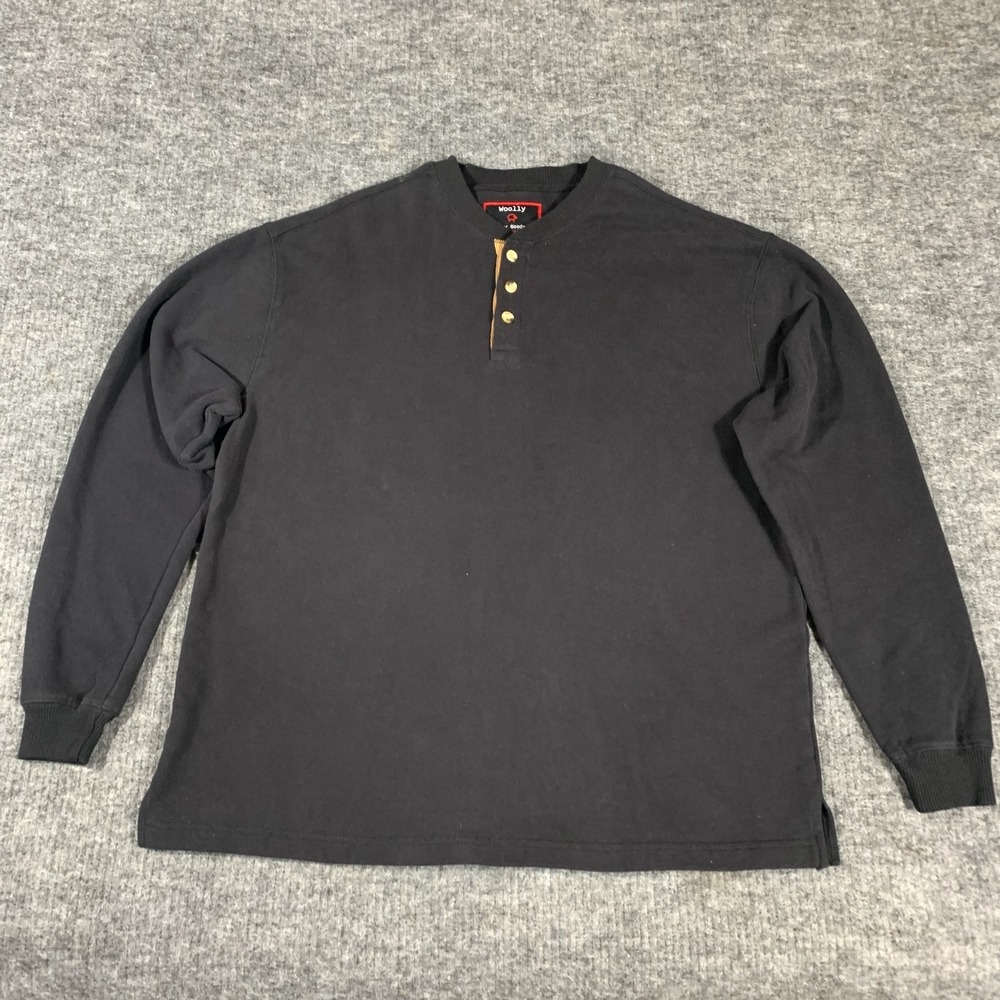 Woolly Shirt Mens Large Black Henley Long Sleeve Cotton Blend Comfort Outdoors